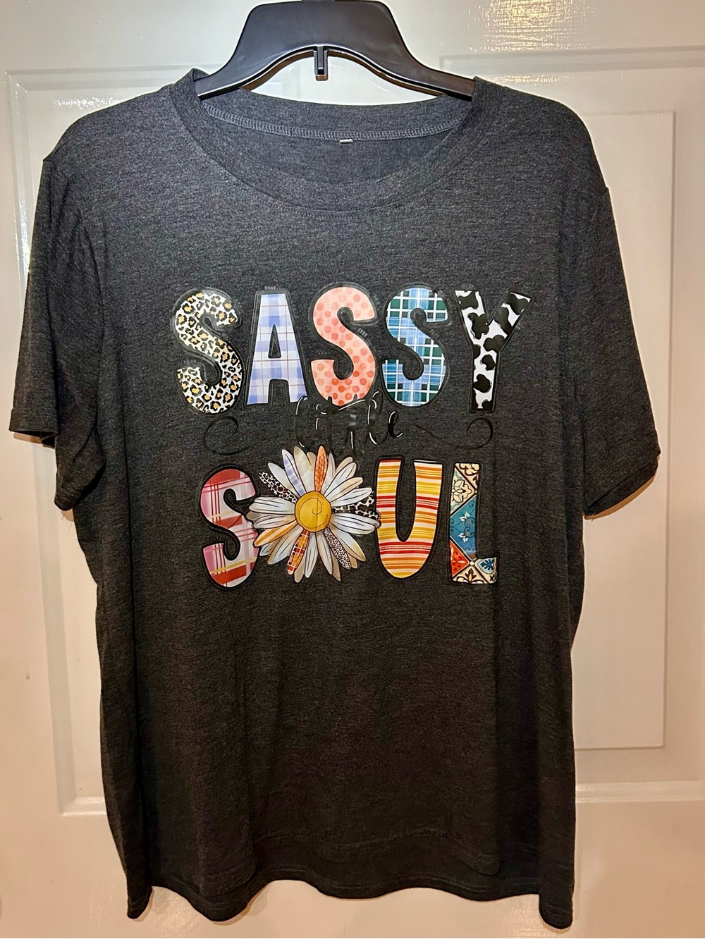 Charcoal Graphic Tee "Sassy Soul" with Colorful Patch Letters